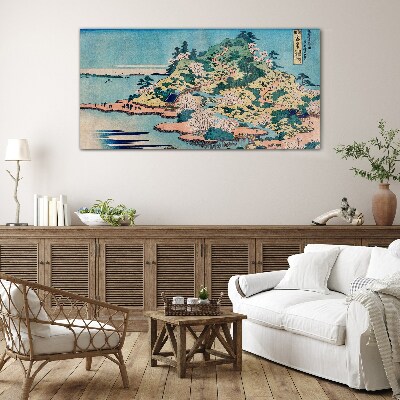 Foto op glas Berglandschap met bloeiende bomen