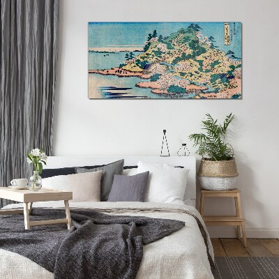 Foto op glas Berglandschap met bloeiende bomen