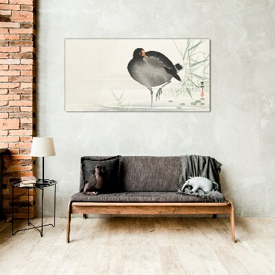 Foto op glas Een vogel op het gras