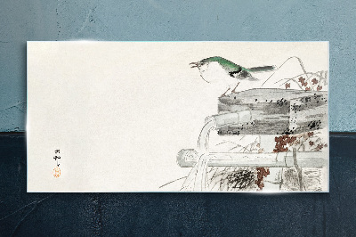 Foto op glas Een vogel tegen de achtergrond van een Japans landschap