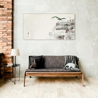 Foto op glas Een vogel tegen de achtergrond van een Japans landschap