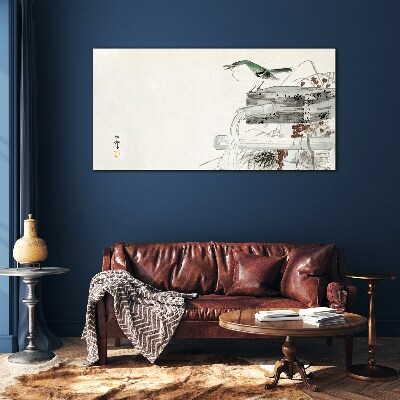 Foto op glas Een vogel tegen de achtergrond van een Japans landschap