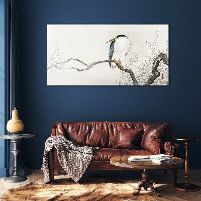 Schilderij op glas Een vogel op een tak in een delicaat landschap