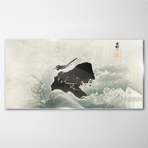 Glas foto Een vogel op een rots in de golven