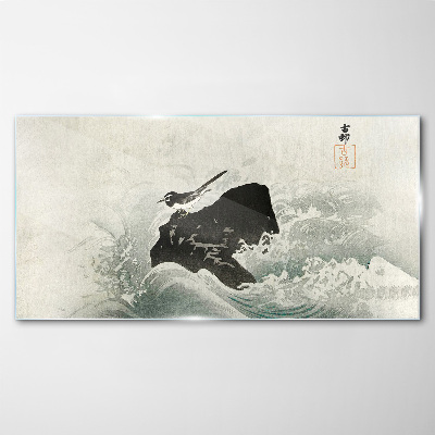 Glas foto Een vogel op een rots in de golven