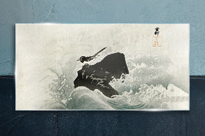 Glas foto Een vogel op een rots in de golven