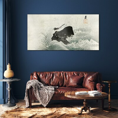 Glas foto Een vogel op een rots in de golven