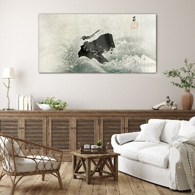 Glas foto Een vogel op een rots in de golven