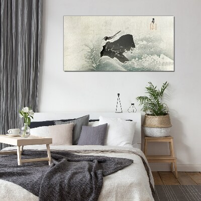 Glas foto Een vogel op een rots in de golven