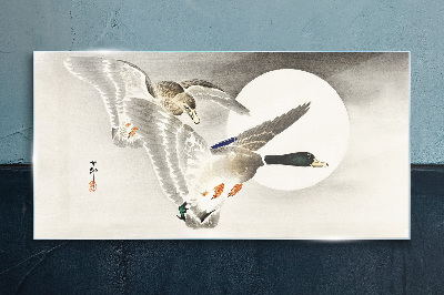 Schilderij op glas Vlucht van wilde eenden in het maanlicht