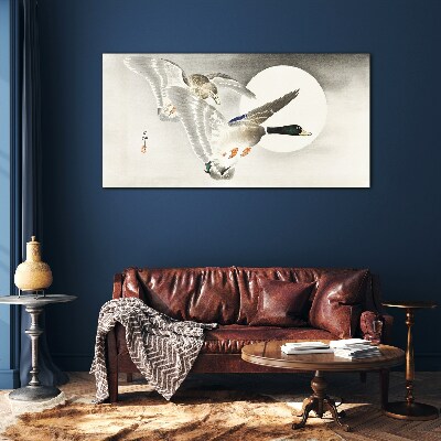 Schilderij op glas Vlucht van wilde eenden in het maanlicht