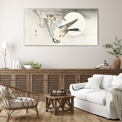 Schilderij op glas Vlucht van wilde eenden in het maanlicht