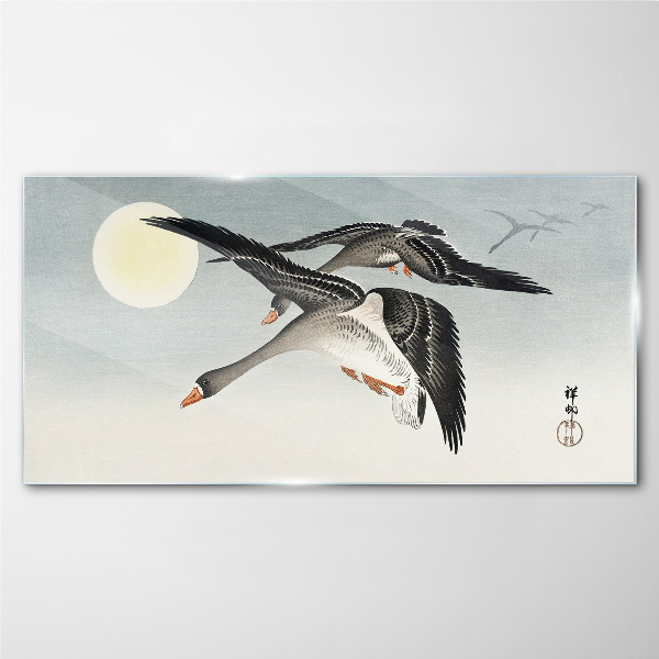 Foto op glas Ganzen in vlucht onder volle maan