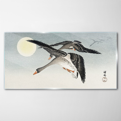 Foto op glas Ganzen in vlucht onder volle maan