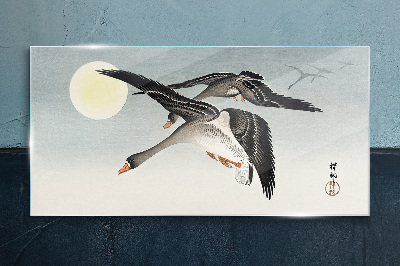 Foto op glas Ganzen in vlucht onder volle maan