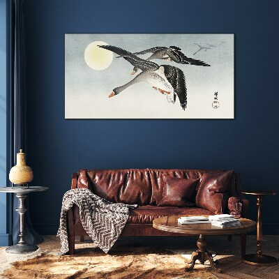 Foto op glas Ganzen in vlucht onder volle maan