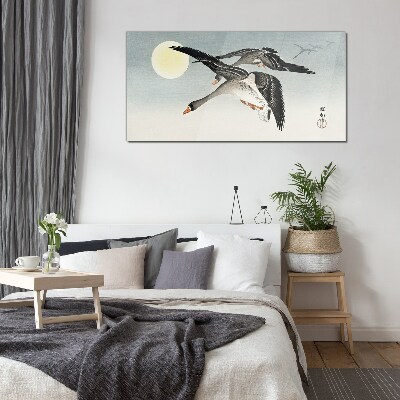 Foto op glas Ganzen in vlucht onder volle maan