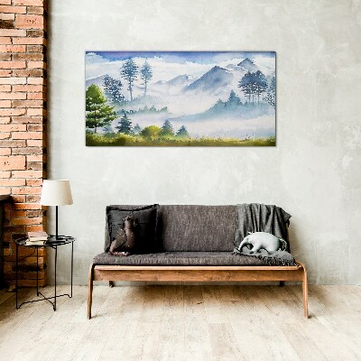 Schilderij op glas Berglandschap in de ochtendmist