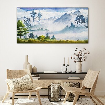 Schilderij op glas Berglandschap in de ochtendmist