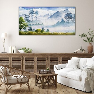 Schilderij op glas Berglandschap in de ochtendmist