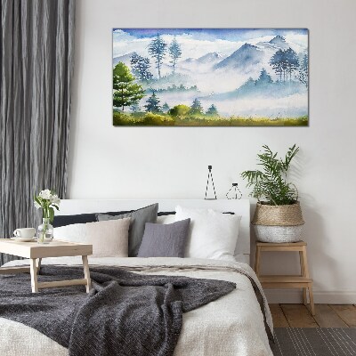 Schilderij op glas Berglandschap in de ochtendmist