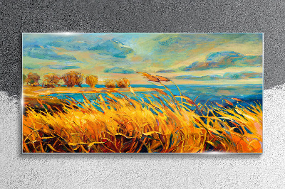 Glas foto Gouden grassen boven blauw water