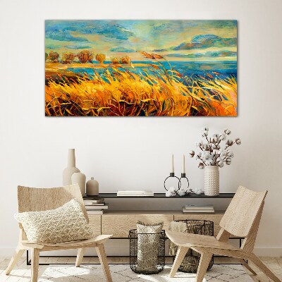 Glas foto Gouden grassen boven blauw water