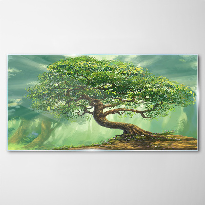 Schilderij op glas Een groene hoek met een magische boom
