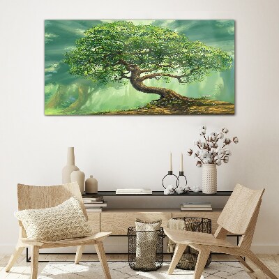 Schilderij op glas Een groene hoek met een magische boom