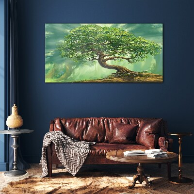 Schilderij op glas Een groene hoek met een magische boom