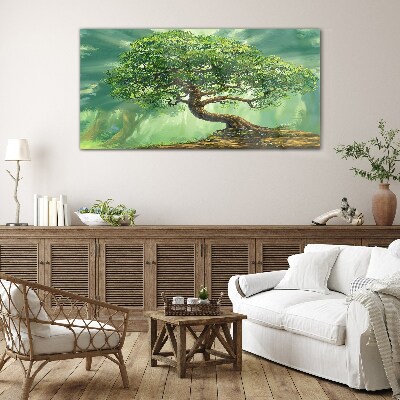 Schilderij op glas Een groene hoek met een magische boom