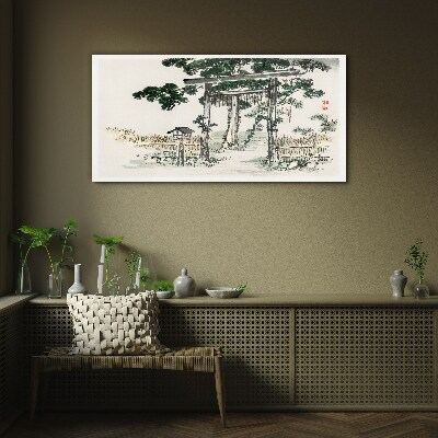 Glas foto Torii-poort in een vredig landschap