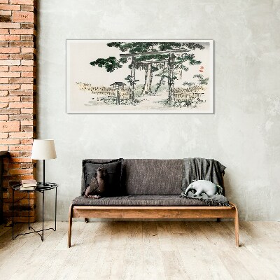 Glas foto Torii-poort in een vredig landschap