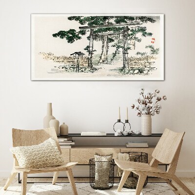 Glas foto Torii-poort in een vredig landschap