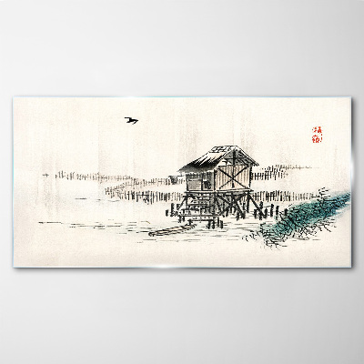Glas foto Een rustig huisje aan het water