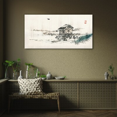 Glas foto Een rustig huisje aan het water