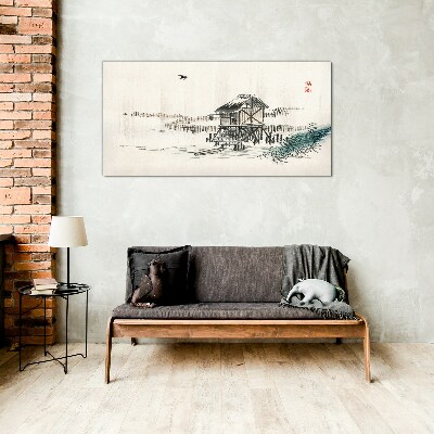 Glas foto Een rustig huisje aan het water