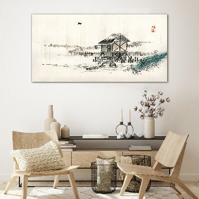 Glas foto Een rustig huisje aan het water