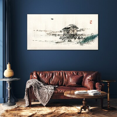 Glas foto Een rustig huisje aan het water