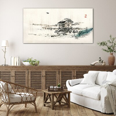 Glas foto Een rustig huisje aan het water