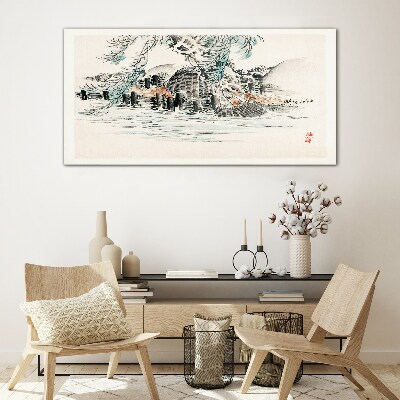 Schilderij op glas Een vredig landschap met een bergmeer