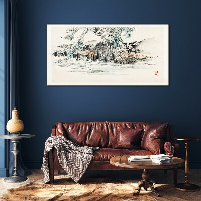 Schilderij op glas Een vredig landschap met een bergmeer