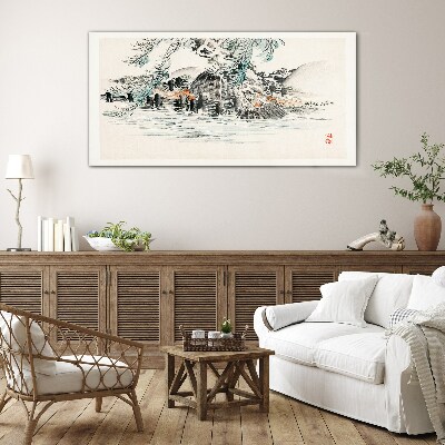 Schilderij op glas Een vredig landschap met een bergmeer