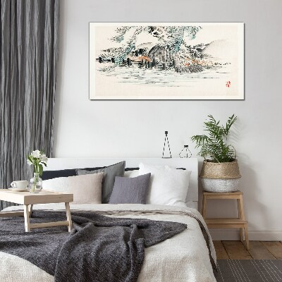 Schilderij op glas Een vredig landschap met een bergmeer