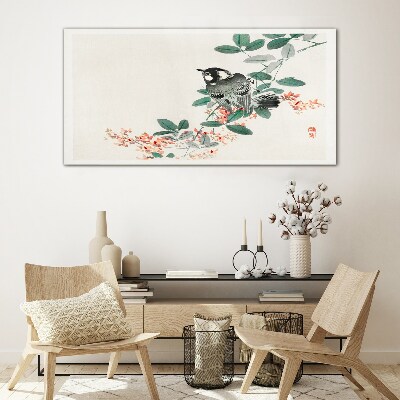 Glas foto Een vogel tegen een achtergrond van bloemen