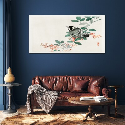 Glas foto Een vogel tegen een achtergrond van bloemen