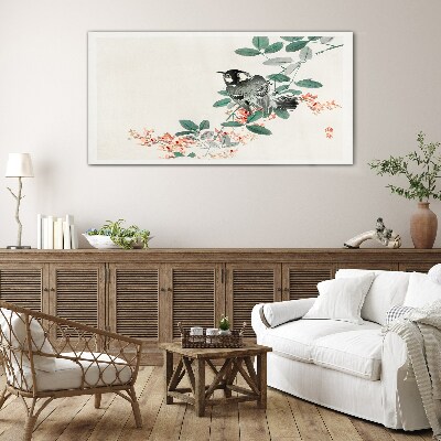 Glas foto Een vogel tegen een achtergrond van bloemen