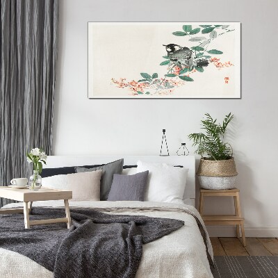 Glas foto Een vogel tegen een achtergrond van bloemen