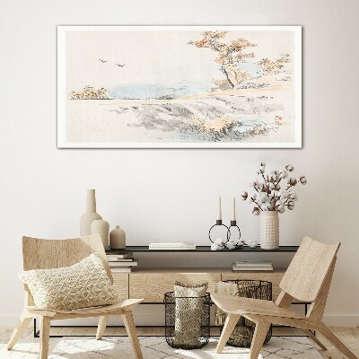 Schilderij op glas Een vredig landschap aan het water