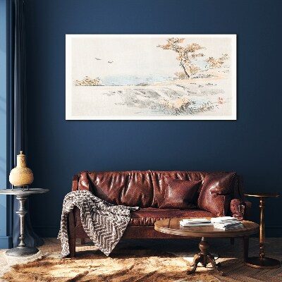 Schilderij op glas Een vredig landschap aan het water